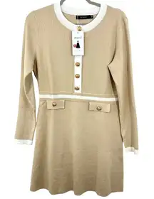 ZESICA Preppy‎ Ladylike Sweater Dress Medium Beige White Gold Buttons Mini NWT