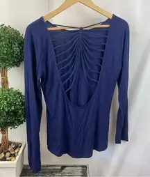 BKE Blue Long Sleeve Strappy Open Back Tee T Shirt Top M