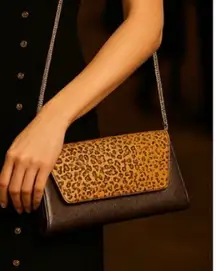 Vintage Brown Leather & Leopard Calf Hair Evening Shoulder Clutch Bag