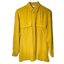 Chaus Silk Long Sleeve Collared Button Up Blouse in Mustard Yellow