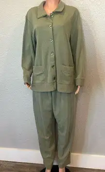 DRESSBARN Womens Knit Set Wide Leg Pants Button up Top GREEN SZ 18/20 NWT#153