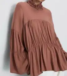 ZARA  Ruffle Mocked Neck Bell Sleeve Oversized Flowy Tiered Trapeze Blouse M