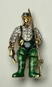 Fisherman Rhinestone Brooch Pin Gold Tone Man Fishing Green Enamel Overalls