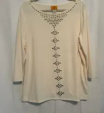 Ruby Rd  knit cream colored with silver embellishments 3/4  sleeve top size XL