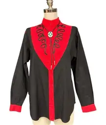 Vintage Side Saddle Western Shirt, Red and Black Cutout Detail Rodeo Cowboy EUC