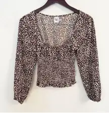 Princess Polly Leopard Print Long Sleeve Smocked Waist Cropped Top Brown Size 0