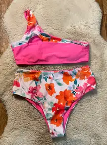 Swimsuit Size Large Bikini‎ One Shoulder Pink Floral New