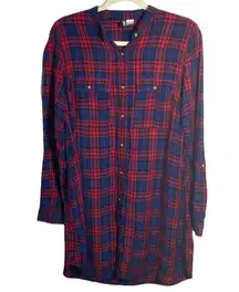 H&M Divided Womens Size 8 Plaid Shirt Dress Red Navy Long Sleeve Button Down