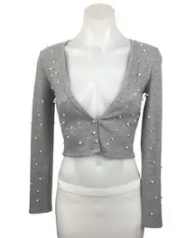 NEW Zara Grey Pearl Embellished Long Sleeve Stretch Crop Cardigan Sweater Top S