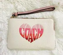 Coach Heart Logo Small Leather Wristlet Wallet White Pink