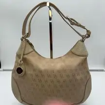 Dooney & Bourke Cream Signature Canvas and Leather Hobo Bag with Adjustable Leat