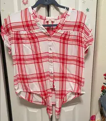 Red and White Plaid Button-Up Blouse