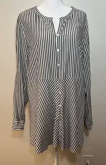 J Jill Shirt Button Up TunicTop Roll Tab Sleeve Gray White Striped‎ Flowy M