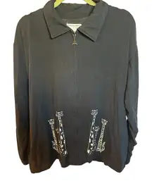 Euro Joy Black Embroidered Cat Pullover Jacket Womens Large Long‎ Sleeve