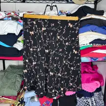 Vintage  Silk Floral Print Black MIDI Skirt Sz 8