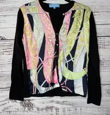 J McLaughlin Silk Front Cardigan Small Nautical Rope Print Black Sweater Vintage