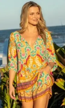 Natural Life Maribel Shorts‎ Set Mustard Turquoise Boho Floral Top Outfit Large