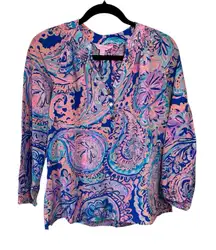 Lilly Pulitzer‎ Elsa Psychedelic Sunshine Silk Top Flowy Long Sleeve Size XS
