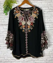 John Mark Embroidered Floral Tiered Ruffle Sleeve Boho Blouse