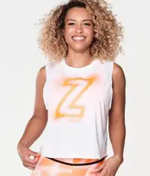 Zumba Futuristic Tank Top - White with orange logo NWOT Size medium