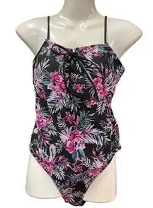 BEBE One Piece Swimsuit Lace Front Hawaiian Floral Size Medium Black/Pink