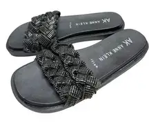 Anne Klein Sandals Women 6 Black Journi Rhinestone Embellished Flat Slides