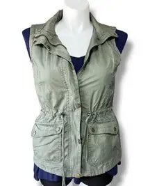 YMI Womens Utility Vest Full Zip Drawstring Waist Pockets High Collar Green XL