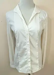 Akris Punto Cotton Stretch Cream Button Down Shirt Mesh Detail Sleeves S