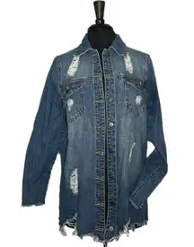 Rue 21 Denim Distressed Ripped Baggy Oversized Button Shirt Jacket