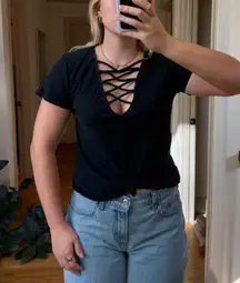 Black LNA top with criss-cross detailing