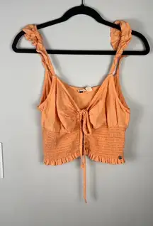 Roxy Smocked Crop Top Tie Front Button Detail Orange Peach Sleeveless Size L