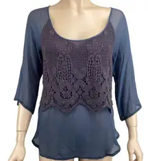 Language NWT Sheer Silk Blue Blouse W/ Crochet Top Size Small Chiffon