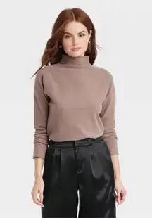 A new day Women's Long Sleeve Mock Turtleneck T-Shirt, Taupe, Size Medium