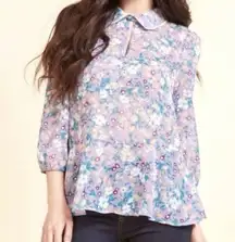 Modcloth  Lavender Purple Floral Chiffon Peplum Top Boho Cottagecore Sheer Size M