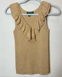 Lauren Ralph Lauren Silk Blend Metallic Ruffle Knit Tank Gold Size S