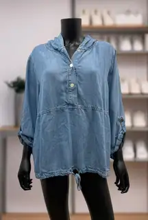 Chico's Zenergy Tencel Chambray Hoodie Tunic Top‎ Blue Size 3 XL 16/18