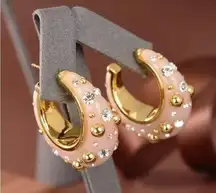 Gorgeous Celine Huggie Hoop Earrings Gold
Tone Pink Enamel Crystals like new