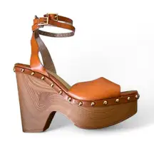 ShoeDazzle Graceann Studded Platform Sandals 7‎ Tan Brown Block Heel