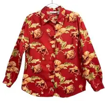 Lemon Grass Women's Size Large Red Floral Button-Up Cotton Shirt Long Sleeve
