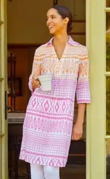 J. McLaughlin Ikat Caftan Dress  Pullover Lightweight Cotton Tribal Size XS