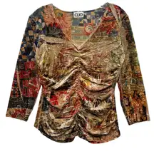 Vintage CLIO Women's Velvet Ruched Top‎ Long Sleeve V Neck Graphic Retro Y2K M