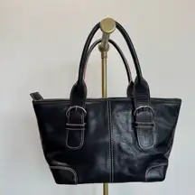 Nordstrom Black Leather Pink Stitching Double Handle‎ Small Handbag Purse Mod