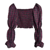 Zara Blue Red Plaid Puff Sleeve Smocked Cropped Top Size XS