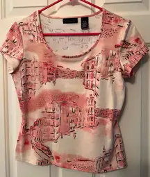 Apostrophe‎ Stretch Pink Black Building Scene Size S 6-8 20" Longx17" Pit to Pit