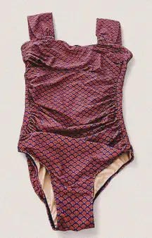 Albion square neck retro geometrical micro print ruched side modest cut swimsuit