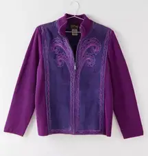 Vintage Bob Mackie Purple Suede Embroidered Full Zip Cardigan