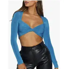 Morning Mist Women's Long Sleeve Crop Top‎ Blouse Blue Size 12 Wrap Around