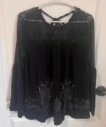 Desigual Black Lace Top Bohemian Blouse Bell‎ Sleeve Embellished Medium NWT