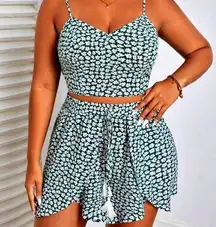 Ditsy Floral Cami Top & Tassel Tie Front Short Set - Green/White - size 12