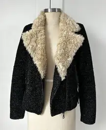 Zara Trafaluc Side Zip Shearling Wool Herringbone‎ Tweed Moto Jacket Womens XS